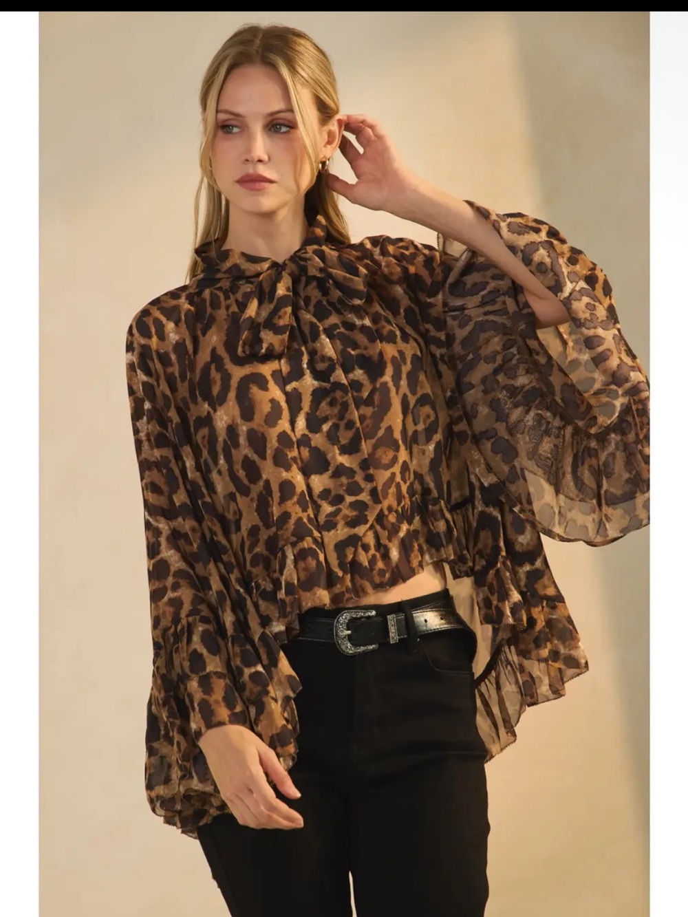 538. Oddi leopard print ruffle sheer bell sleeve top